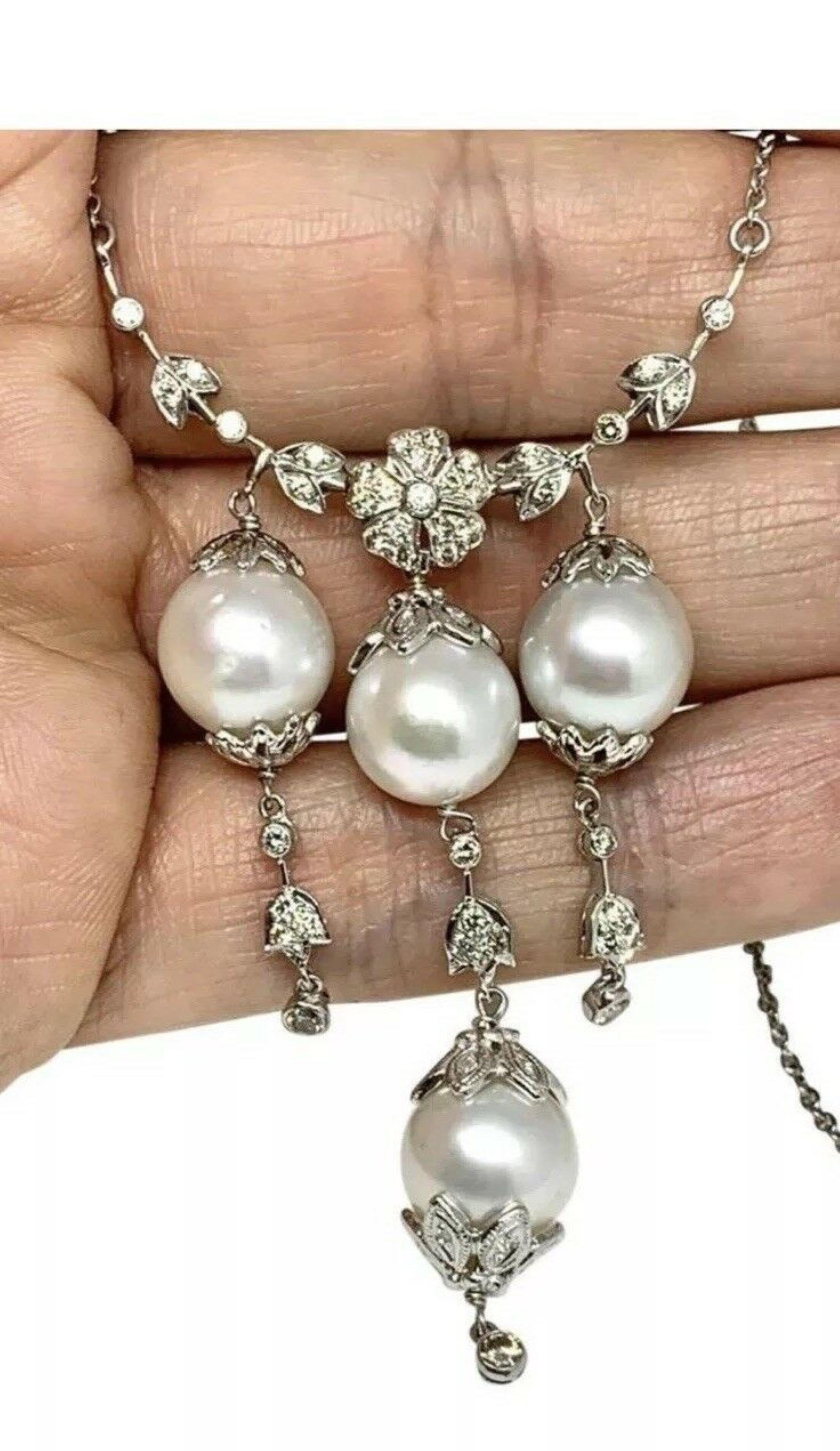 Fine Quality South Sea Pearl Diamond Necklace 18k Gold 11.45 mm 17.5