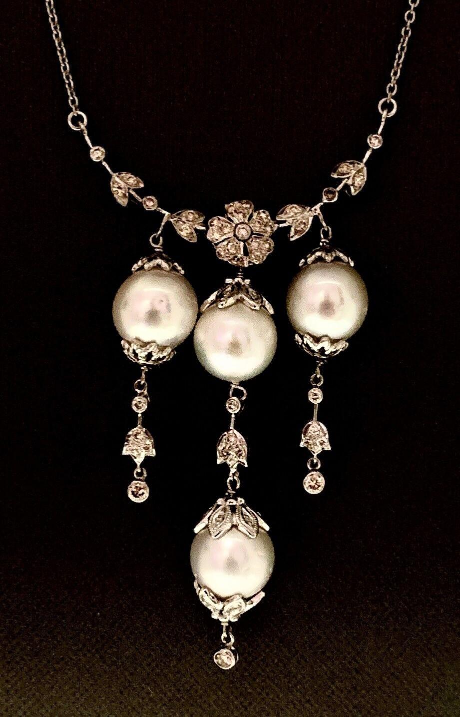 Modern Diamond South Sea Pearl Necklace 18k Gold Certified For Sale