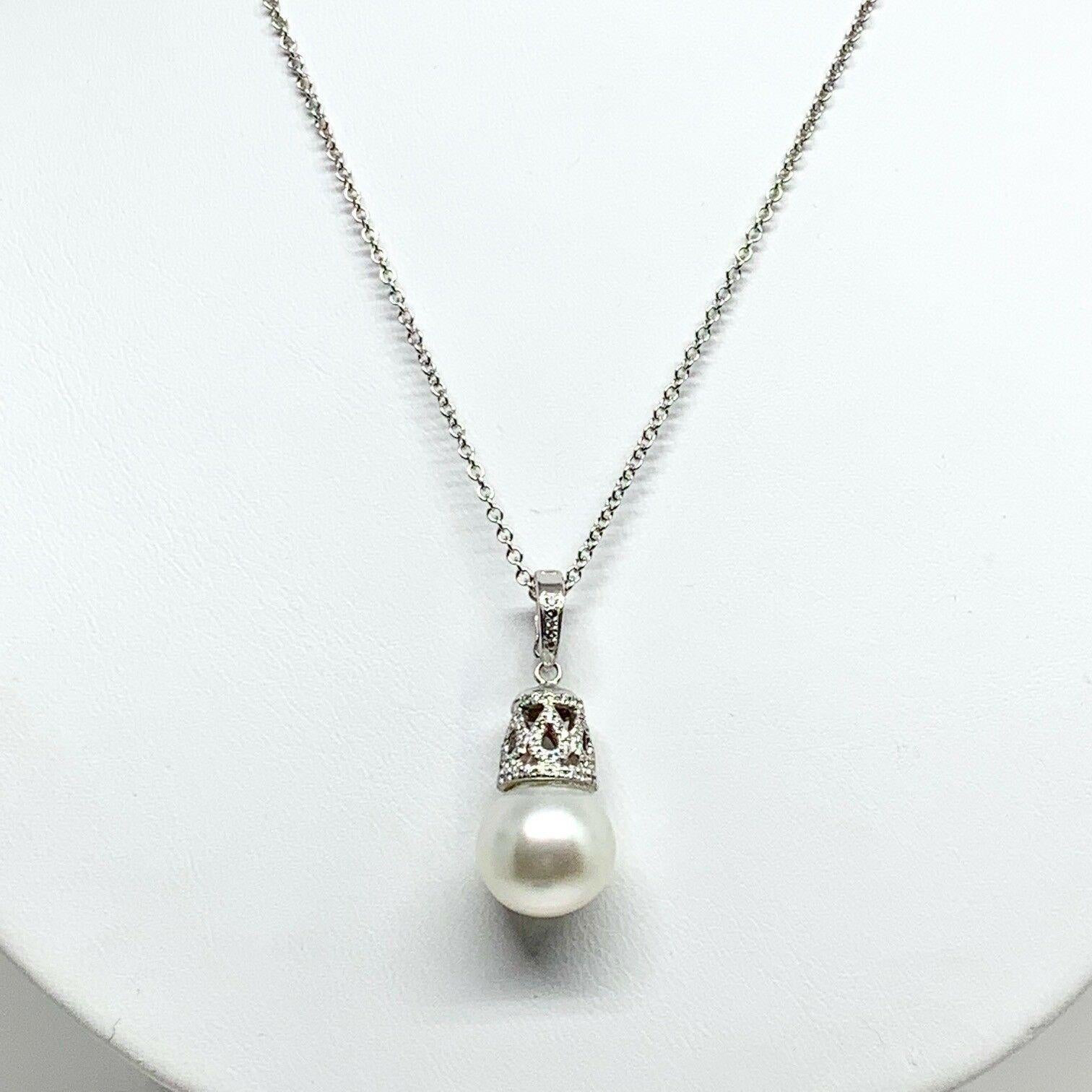 Diamond South Sea Pearl Necklace 18k White Gold 0.10 TCW Certified In New Condition In Brooklyn, NY