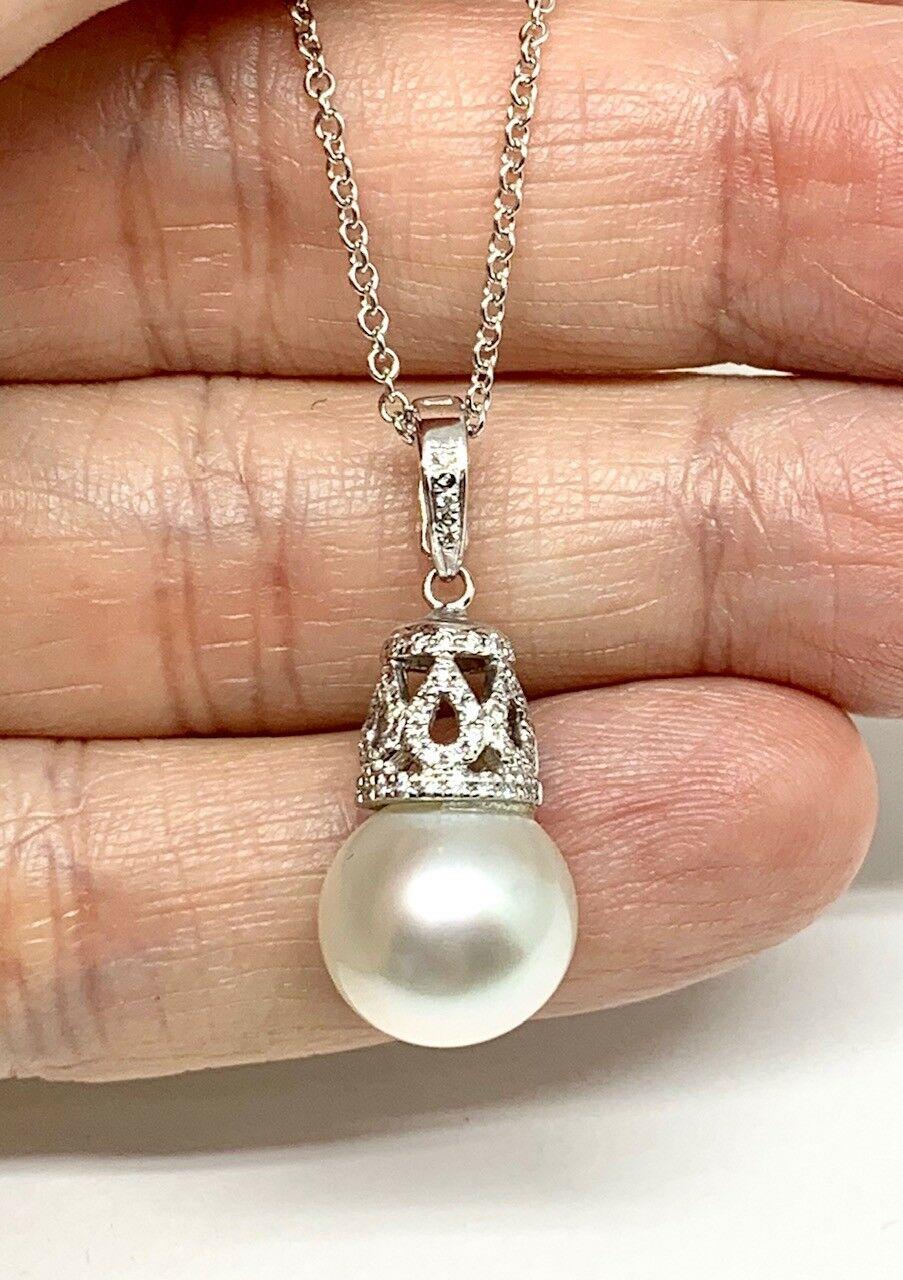 Diamond South Sea Pearl Necklace 18k White Gold 0.10 TCW Certified 3