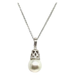 Diamond South Sea Pearl Necklace 18k White Gold 0.10 TCW Certified