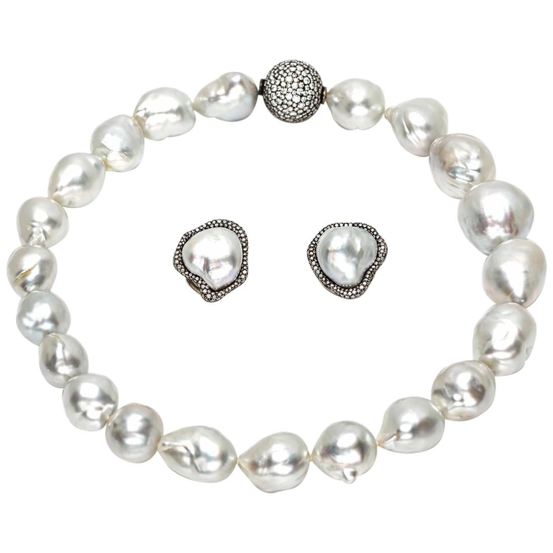 Diamond and South Sea Pearl Necklace and Earrings For Sale