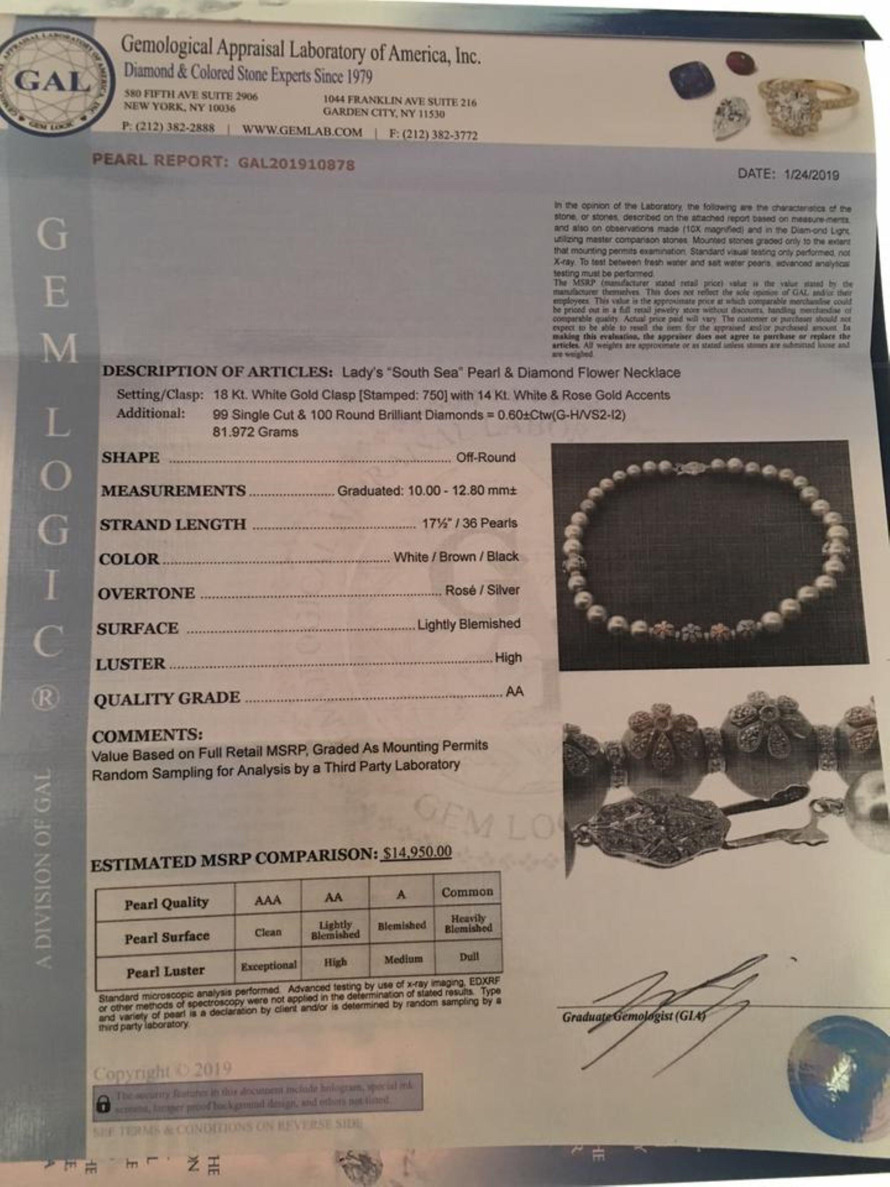 Diamond South Sea Pearl Necklace Certified For Sale 3