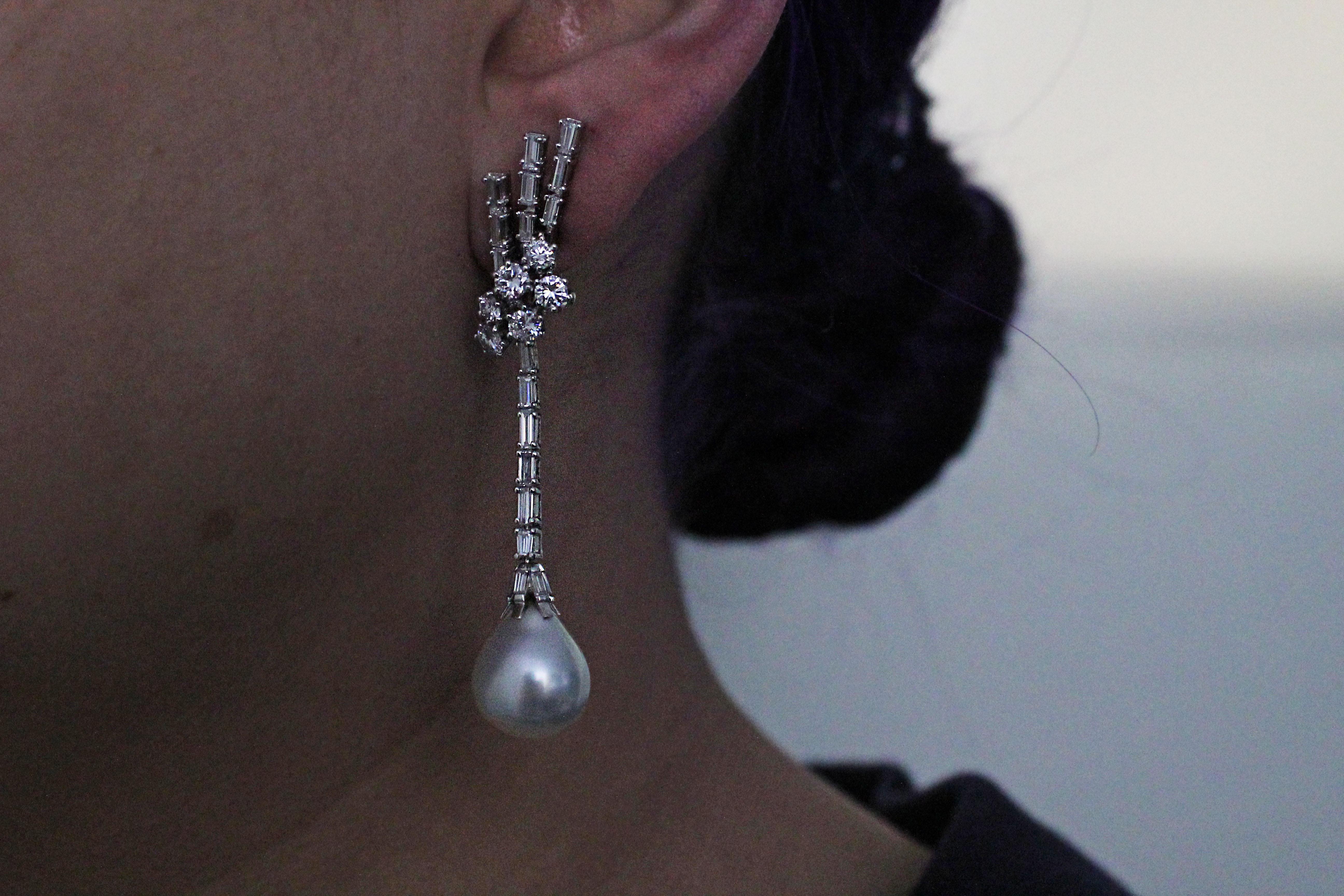 Women's or Men's Diamond South Sea Pearl Platinum Dangle Earrings