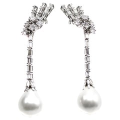 Diamond South Sea Pearl Platinum Dangle Earrings