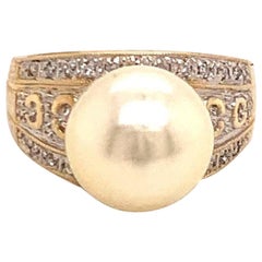 Diamond South Sea Pearl Ring 11.51 mm 14k Yellow Gold Large Certified