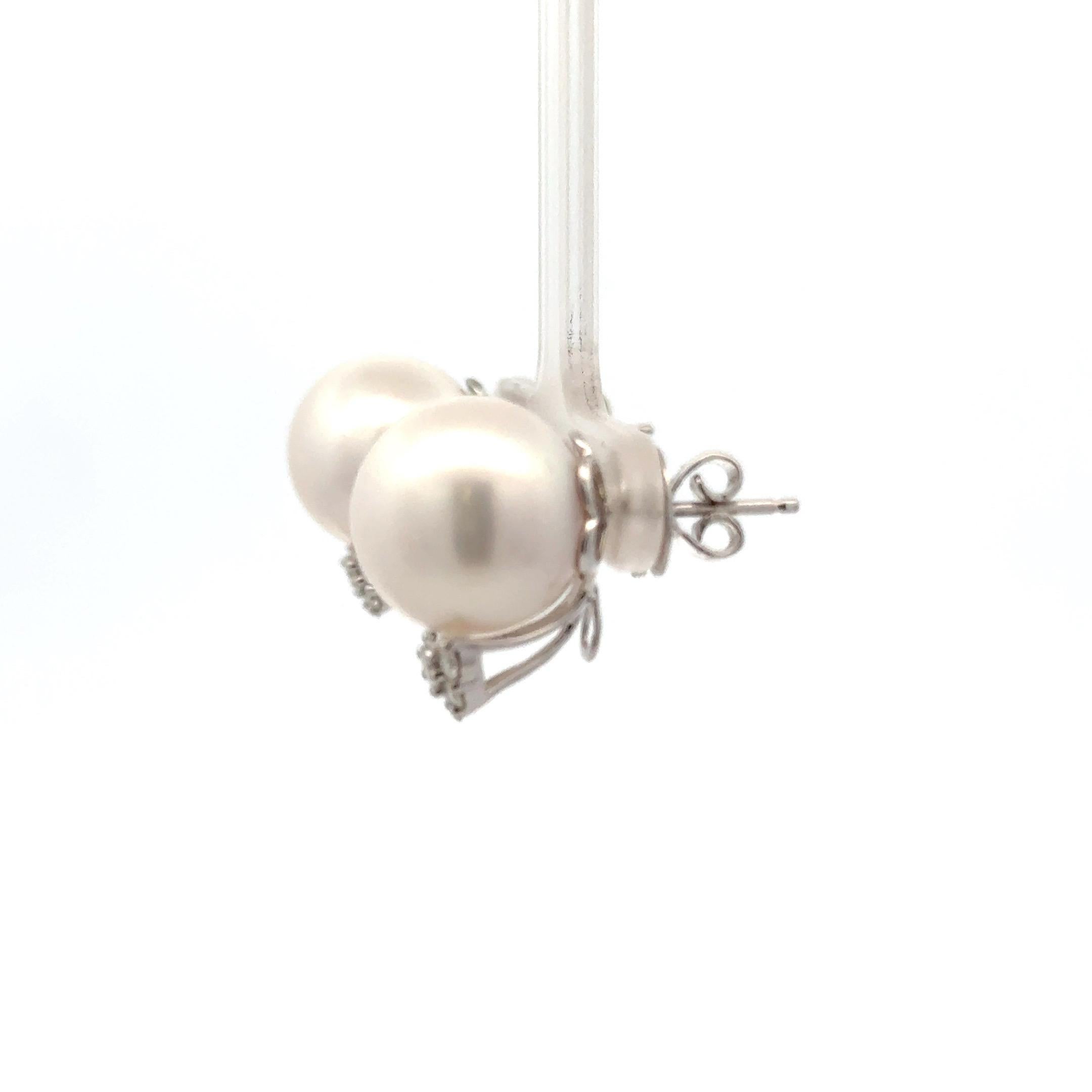 Contemporary Diamond South Sea Pearl Stud Earrings 0.35 Carats 18 Karat White Gold 13-14 MM For Sale