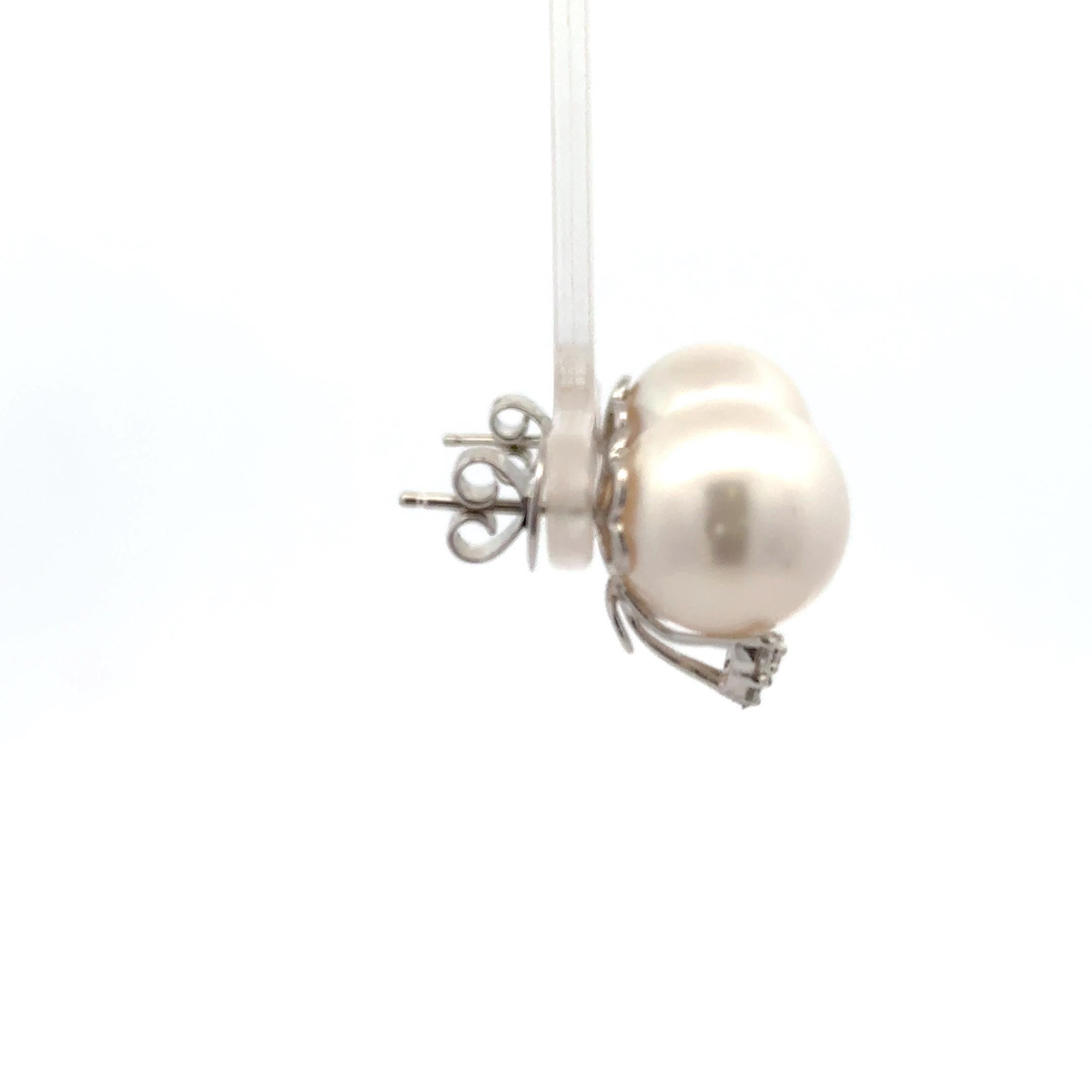 Round Cut Diamond South Sea Pearl Stud Earrings 0.35 Carats 18 Karat White Gold 13-14 MM For Sale