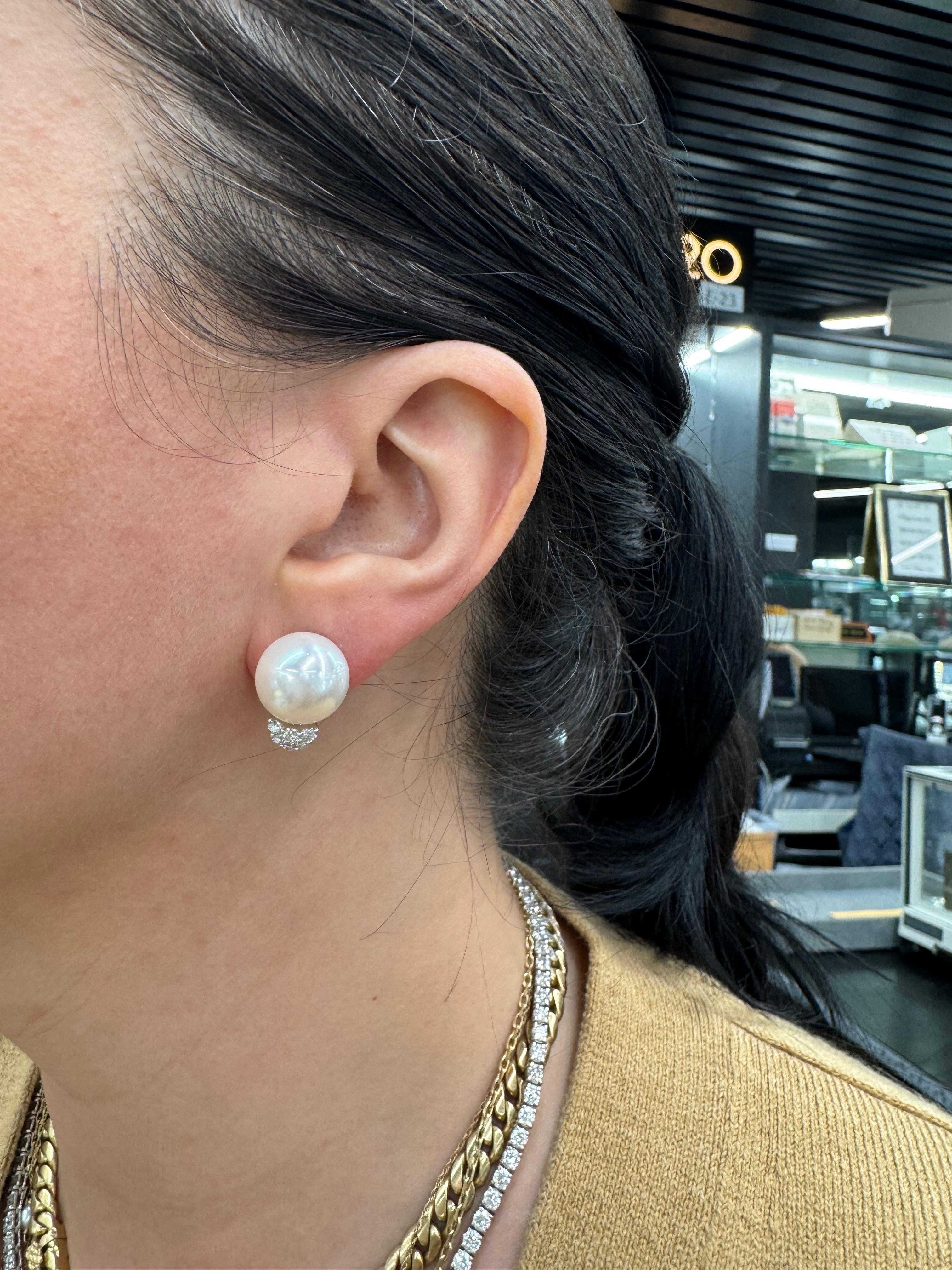 Diamond South Sea Pearl Stud Earrings 0.35 Carats 18 Karat White Gold 13-14 MM In New Condition For Sale In New York, NY