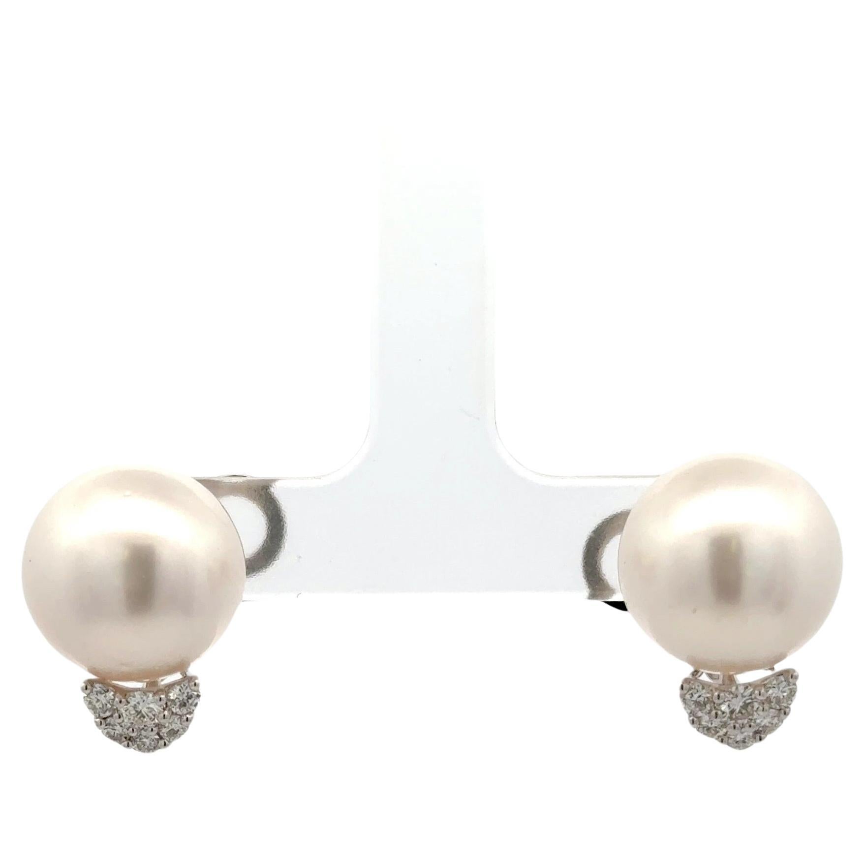 Diamond South Sea Pearl Stud Earrings 0.35 Carats 18 Karat White Gold 13-14 MM For Sale
