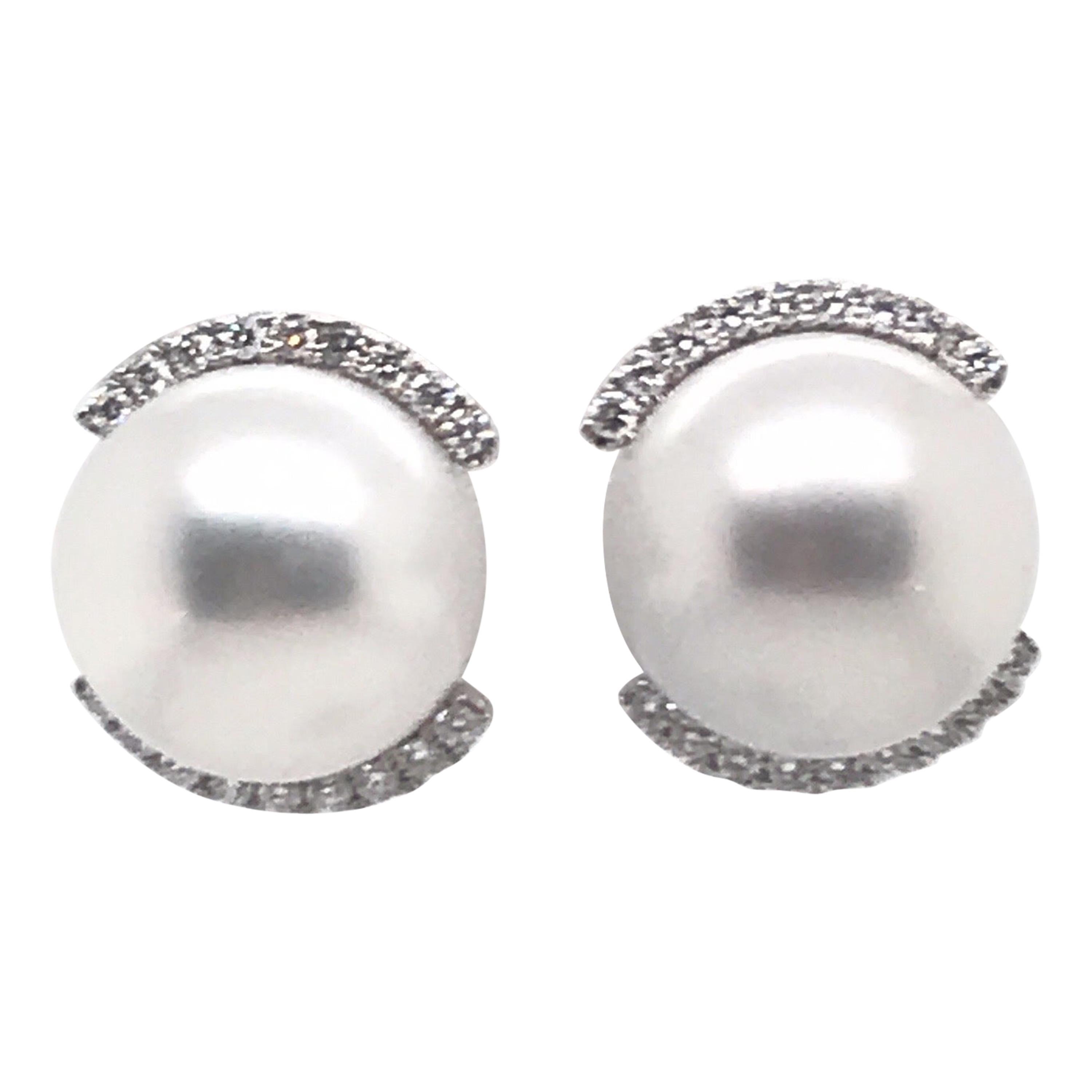Diamond South Sea Pearl Stud Earrings 0.41 Carat 18 Karat White Gold