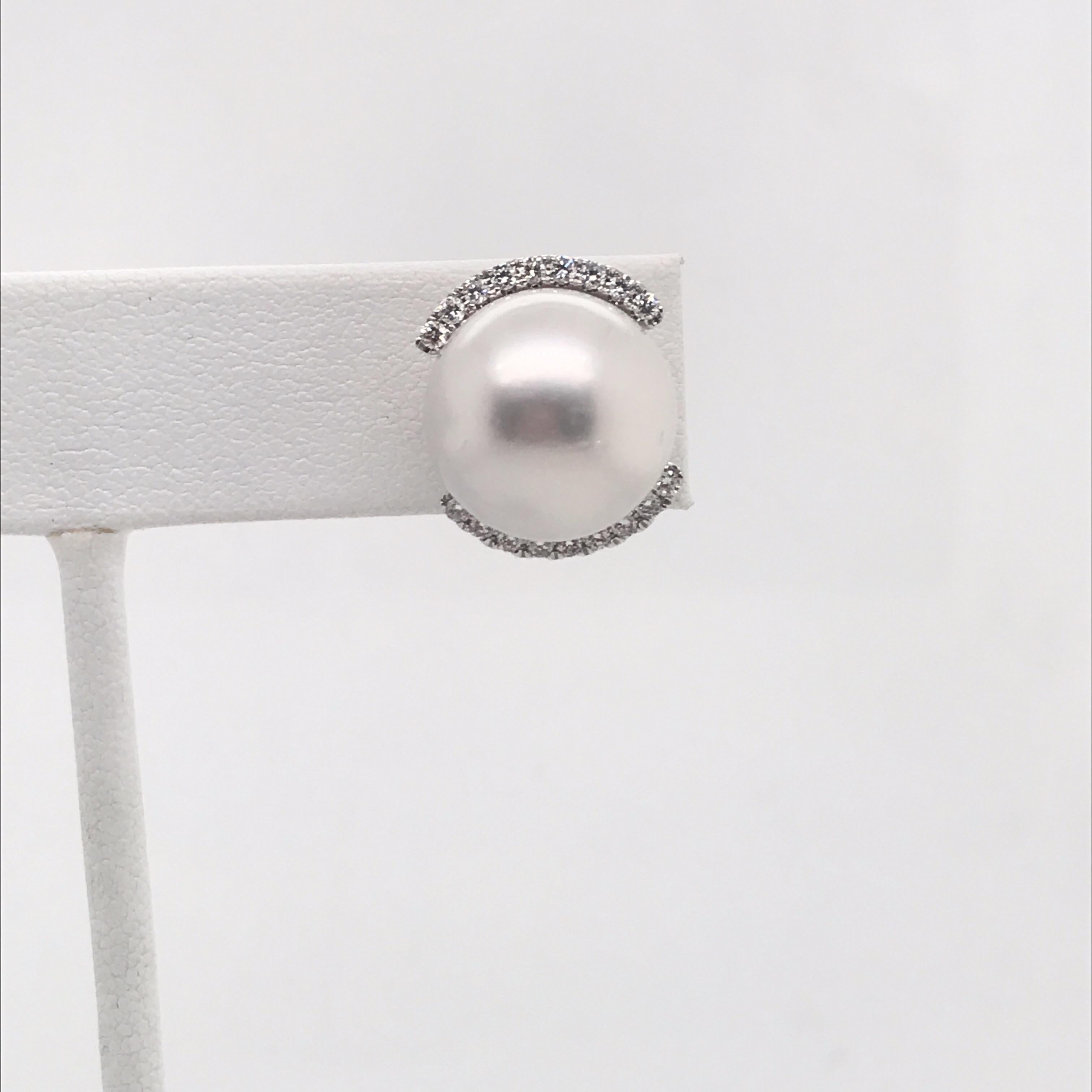 Contemporary Diamond South Sea Pearl Stud Earrings 0.41 Carat 18 Karat White Gold For Sale