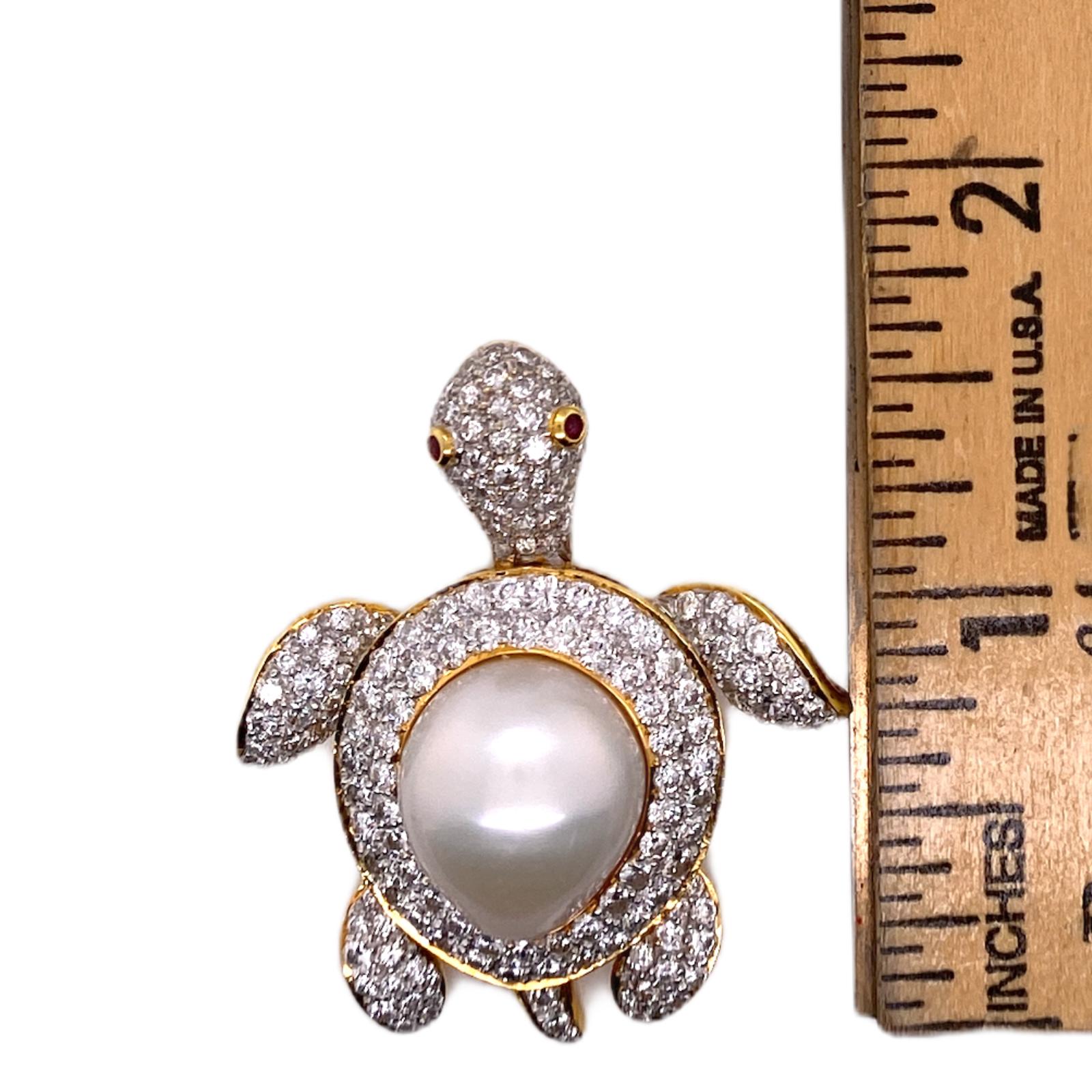 Modern Diamond South Sea Pearl Turtle 18 Karat Yellow Gold Brooch Pin