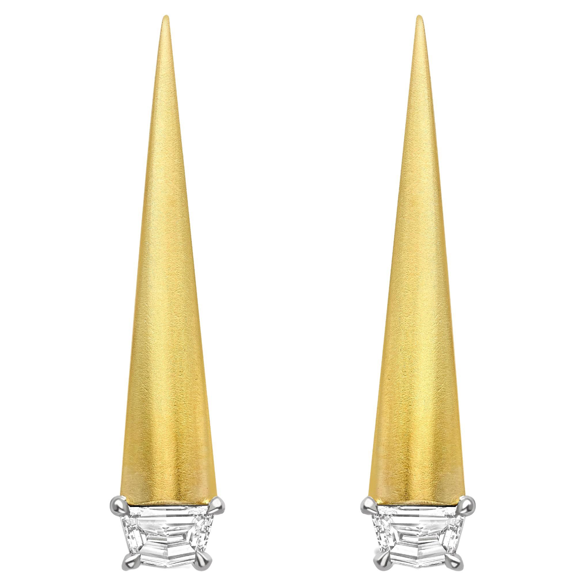 SPEAR TIP EARRINGS Yellow gold with Cadillac cut diamonds by Liv Luttrell For Sale