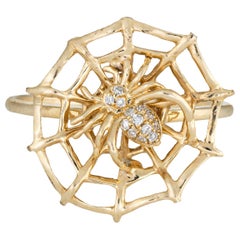 Vintage Diamond Spider on a Web Ring 14 Karat Yellow Gold Estate Fine Jewelry Creature