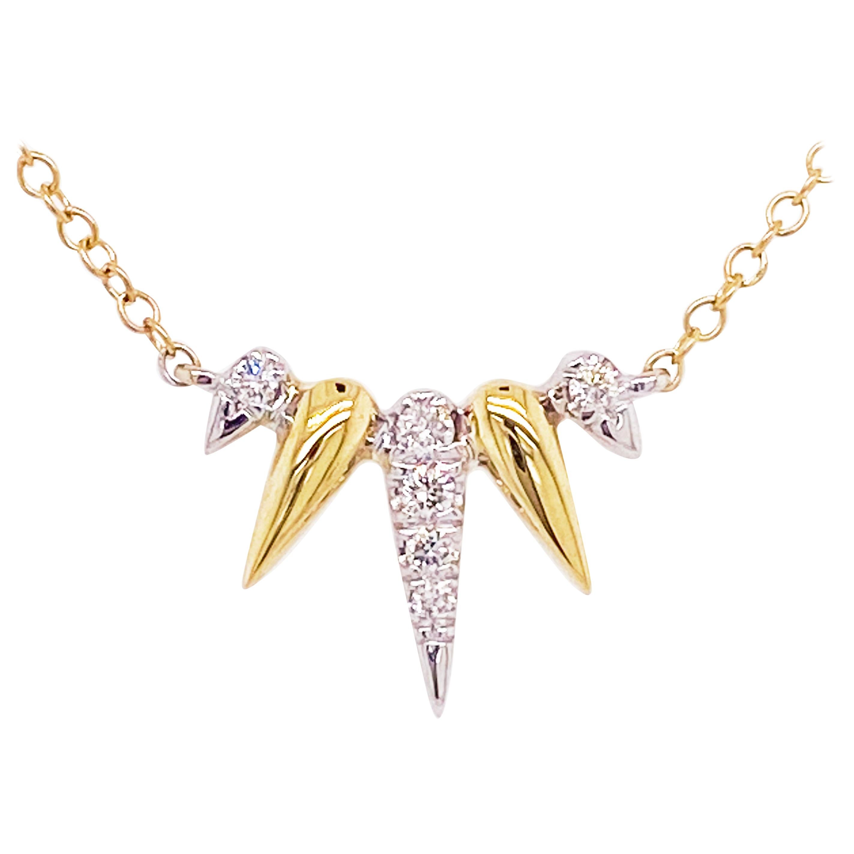 Diamond Spike Necklace, 14K Yellow-White Gold Diamond Pave Spike Fan Necklace For Sale