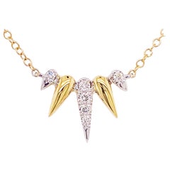Diamond Spike Necklace, 14K Yellow-White Gold Diamond Pave Spike Fan Necklace