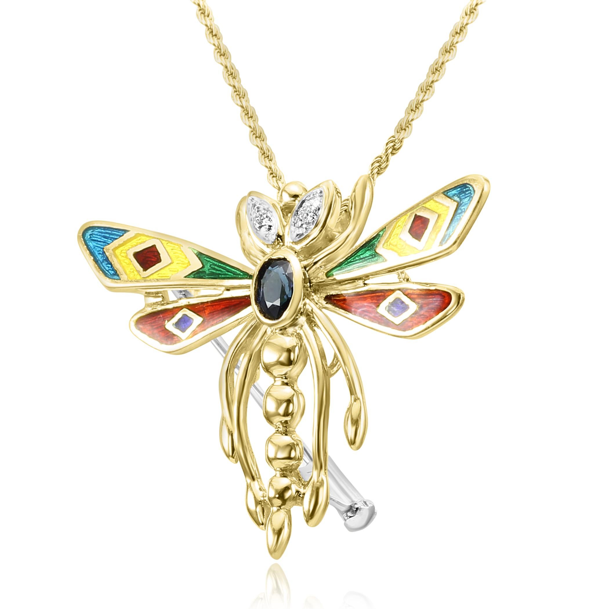 For all insect, and nature lovers, here's our charming & unique  Enamel & Diamond insect pendant brooch. 

This Pendant/Brooch features a black spinel oval gemstone in the center weighing .055 carats. The dark black color contrasts perfectly to the