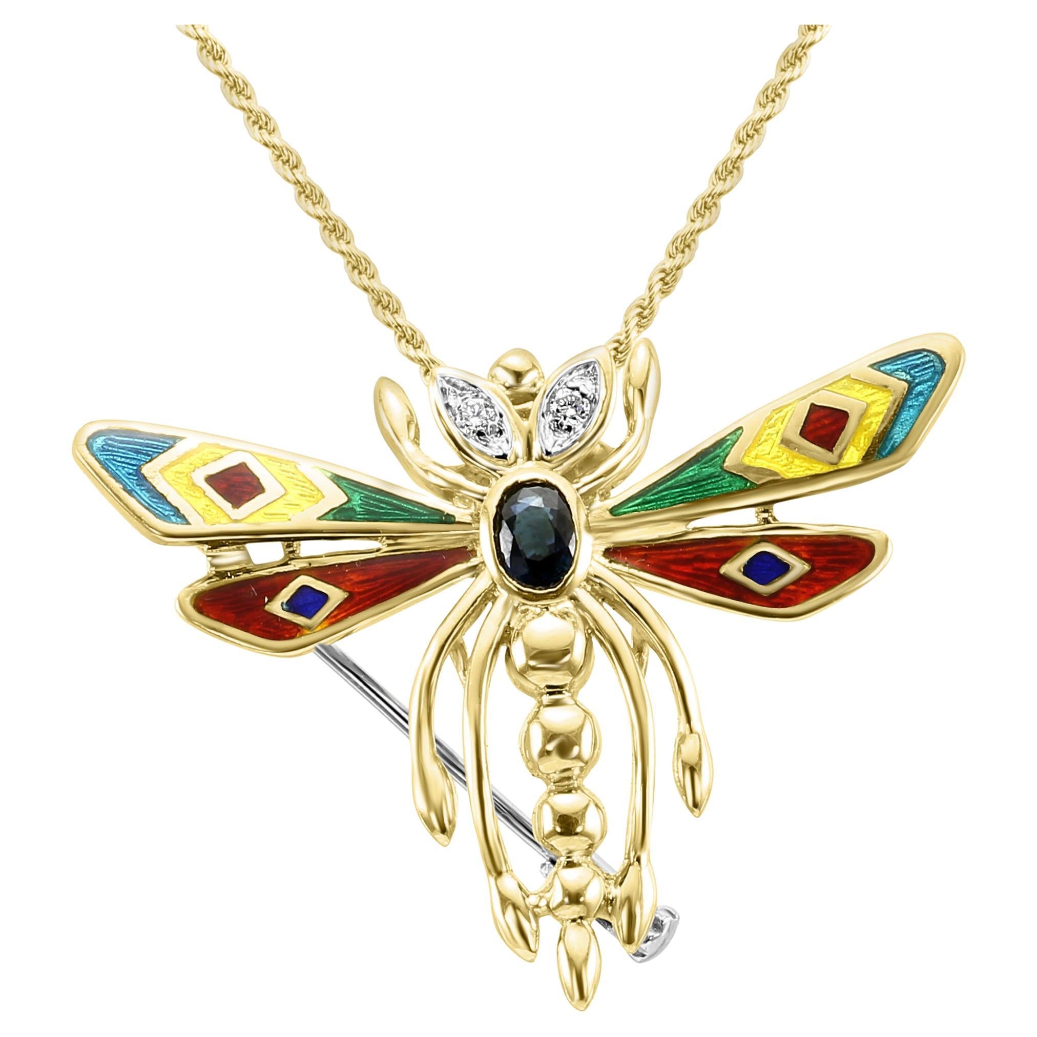 Diamond, Spinel, & Enamel 18 Karat Yellow & White Gold "Insect" Brooch Pendant For Sale