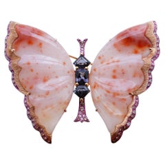Broche/pendentif papillon en diamant, spinelle et quartzite pêche, or 18 carats, Austy Lee
