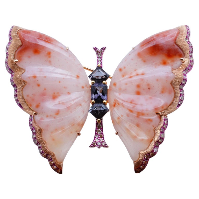 Diamond and Spinel and Peach Quartzite Butterfly Brooch/Pendant 