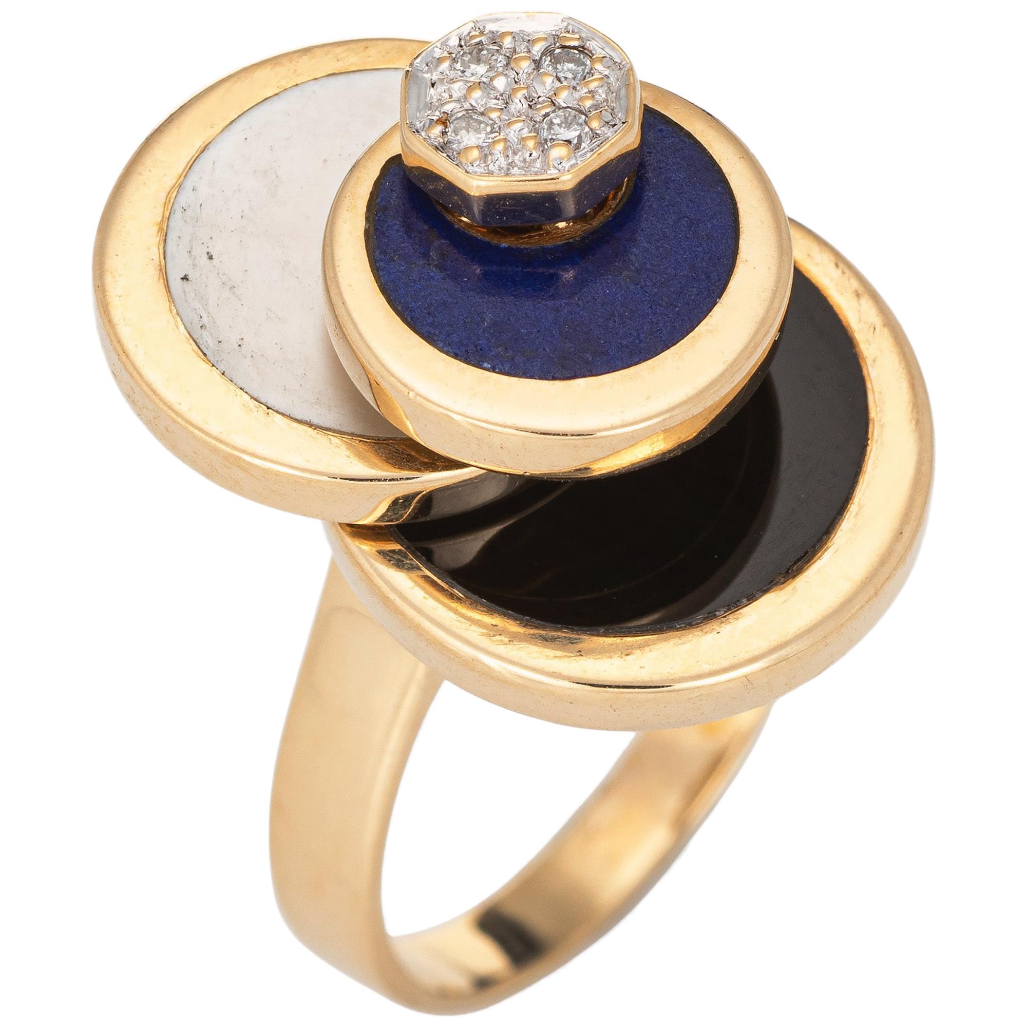 Diamond Spinning Ring Vintage 14 Karat Gold Onyx Lapis MOP Spinner Jewelry