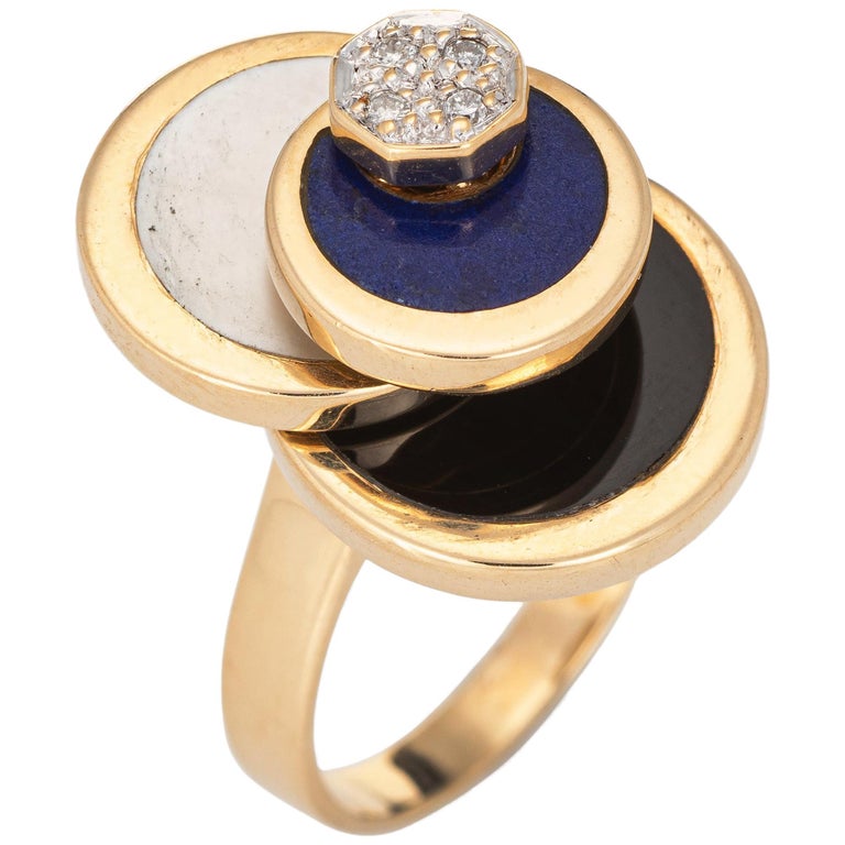 Diamond Spinning Ring Vintage 14 Karat Gold Onyx Lapis MOP Spinner