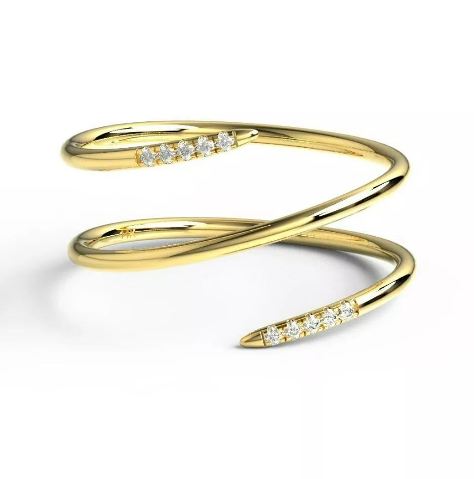 Retro Diamond Spiral Cuff Ring 14K Solid Yellow Gold Spiral Diamond Ring For Sale