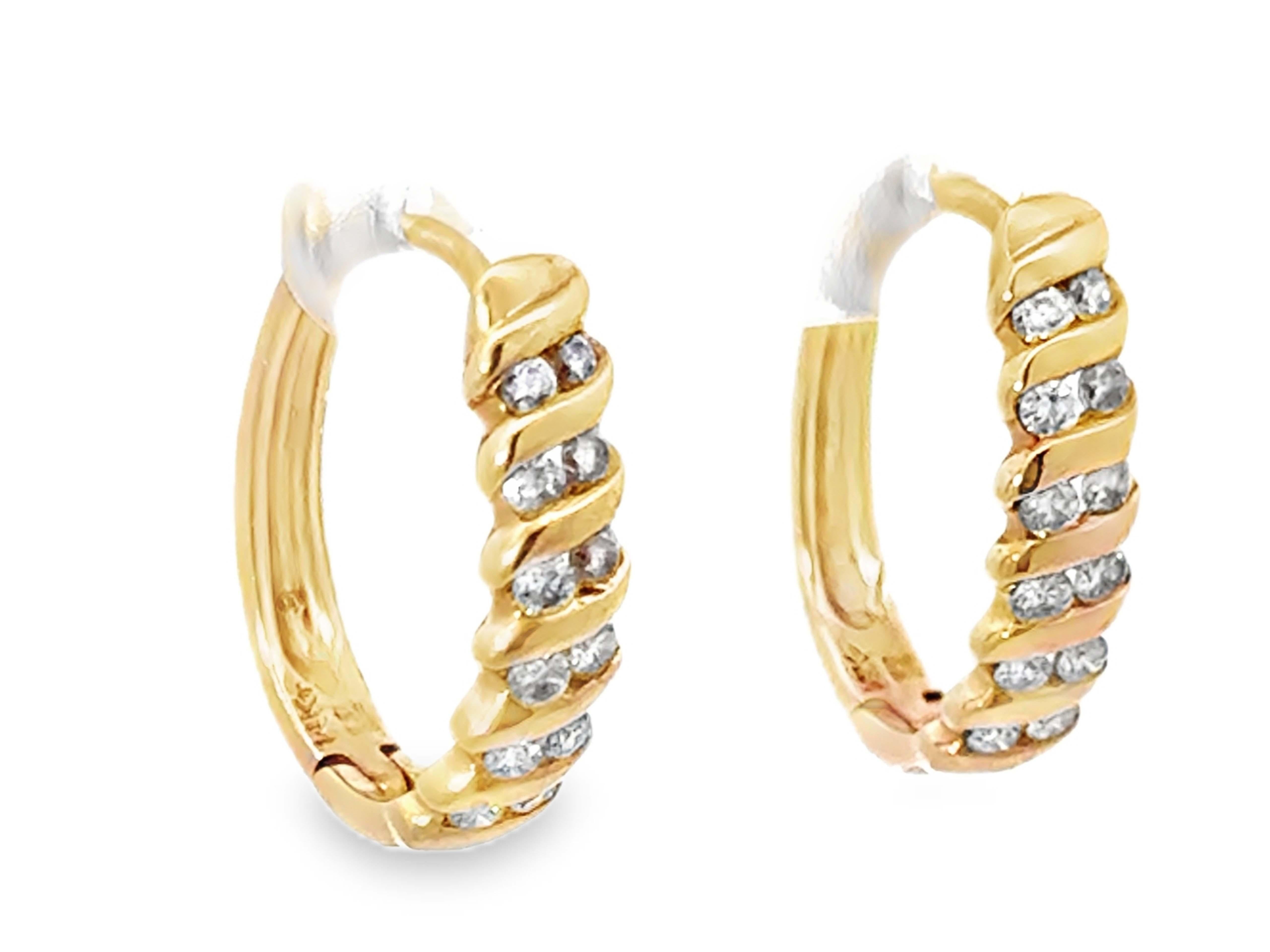 Modern Diamond Spiral Twist Hoop Earrings Solid 14K Yellow Gold For Sale