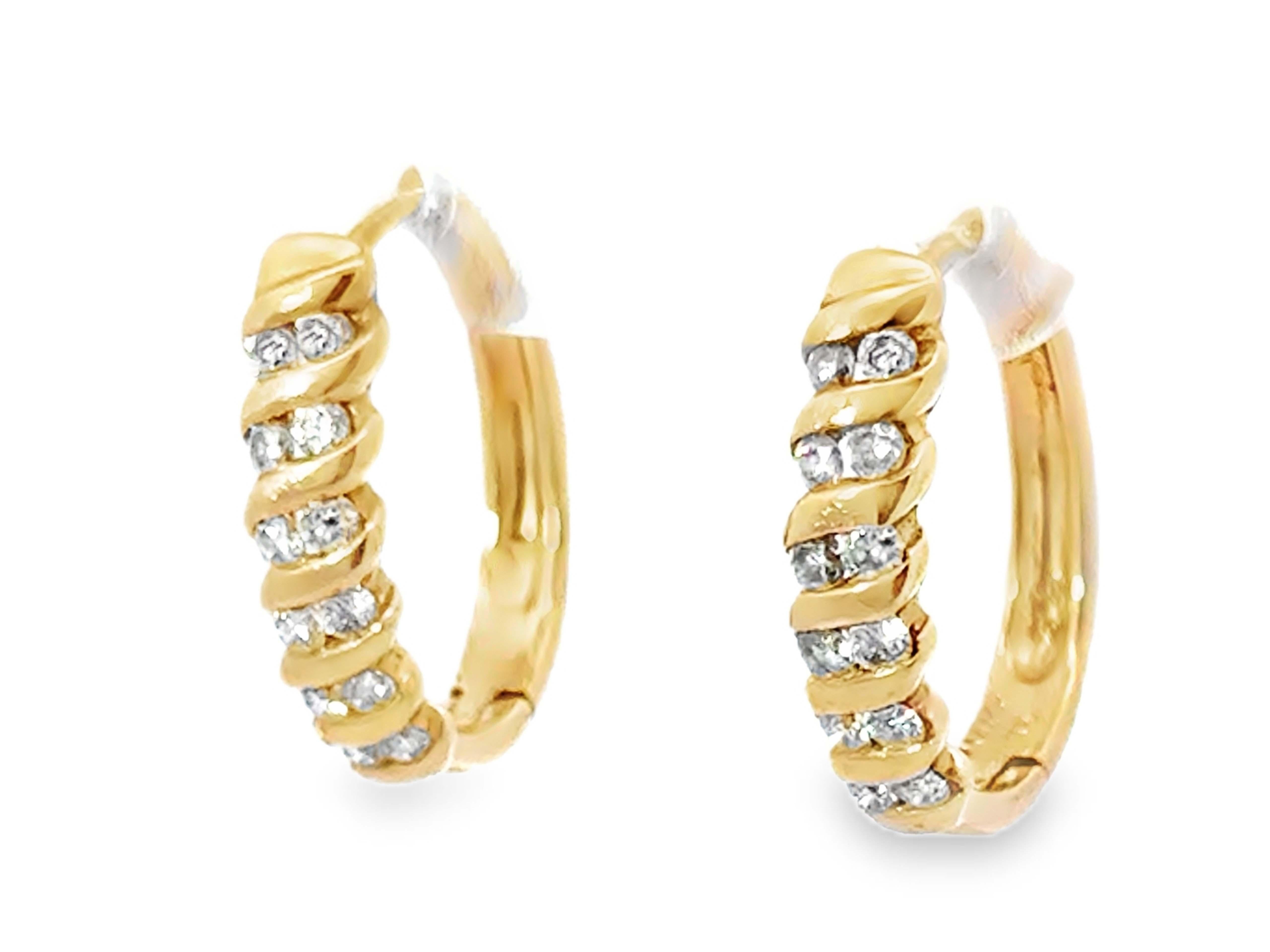 Brilliant Cut Diamond Spiral Twist Hoop Earrings Solid 14K Yellow Gold For Sale