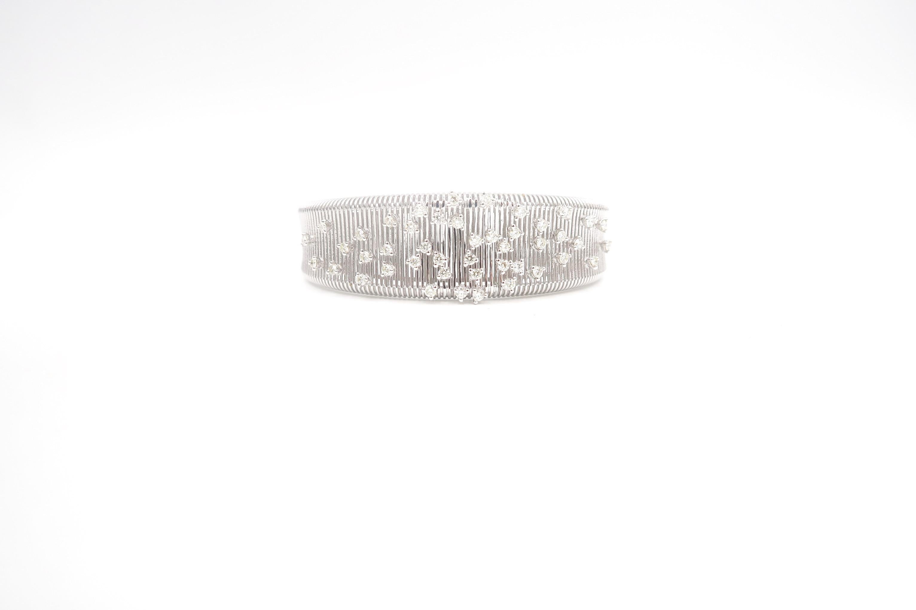 Brilliant Cut Diamond Sprinkles 18K White Gold Wire Wide Slip-on Open Cuff Bangle Bracelet For Sale