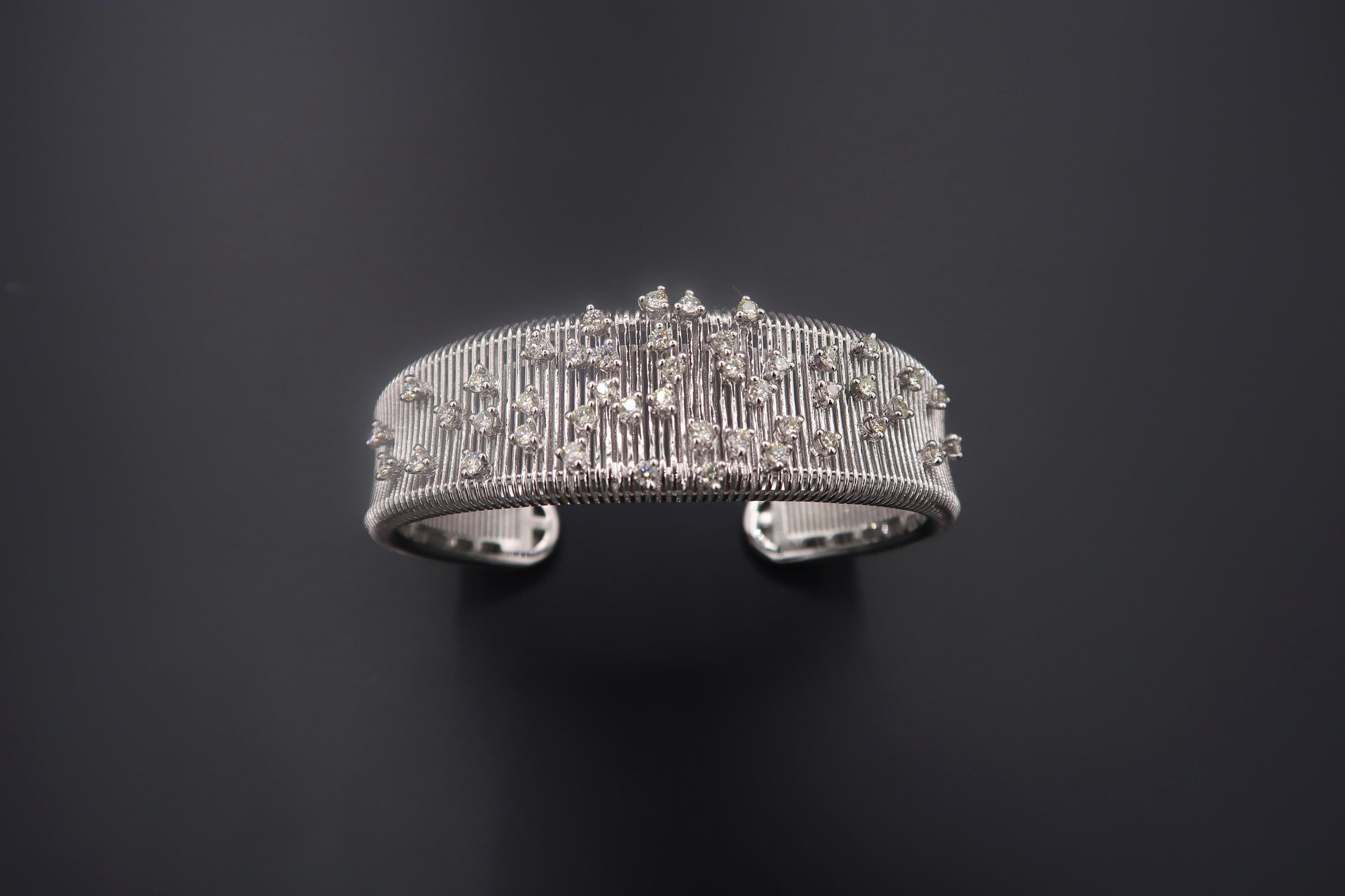 Diamond Sprinkles 18K White Gold Wire Wide Slip-on Open Cuff Bangle Bracelet For Sale 1