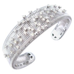 Diamond Sprinkles 18K White Gold Wire Wide Slip-on Open Cuff Bangle Bracelet