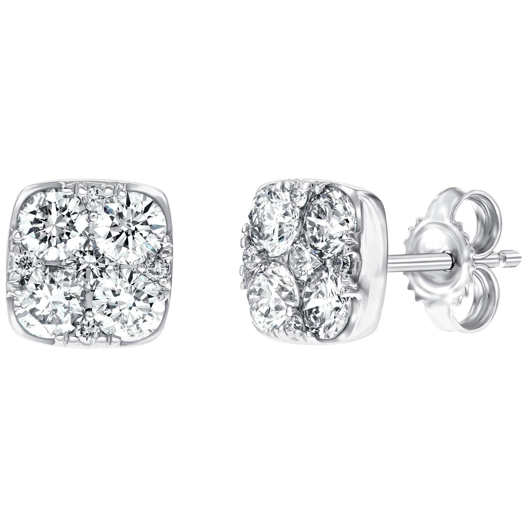 Diamond Square Cluster 18 Kt White Gold 1.00 Carat Pave Set Round Stud Earrings For Sale