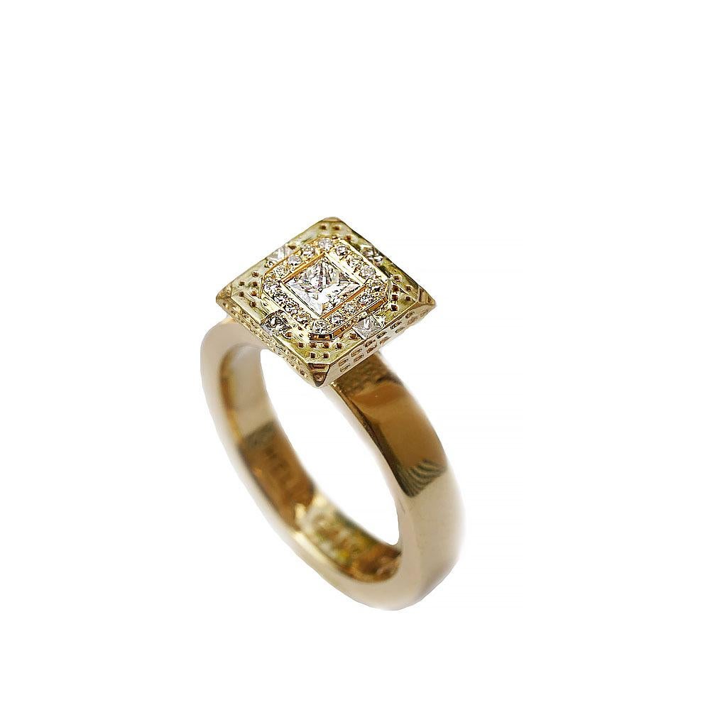 Princess Cut 18 Karat Yellow Gold. Diamond Square , Statement, Modern ring For Sale