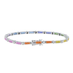 Diamante Cuadrado Color Arco Iris Zafiro Tenis Line Link Pulsera Oro Blanco