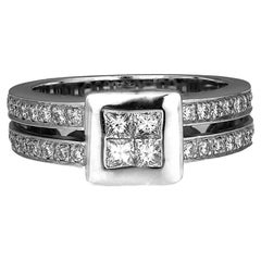 Diamond Square Ring with Invisible Setting & Double Pavé Band in 18K White Gold