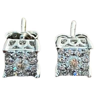 Diamond Square Shape Cluster Pave Set Halo Set 14K White Gold Stud Earrings