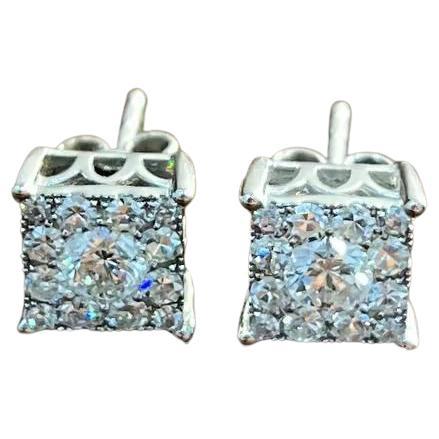 Diamond Square Shape Cluster Pave Set Halo Set 14K White Gold Stud Earrings