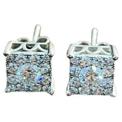 Diamond Square Shape Cluster Pave Set Halo Set 14K White Gold Stud Earrings