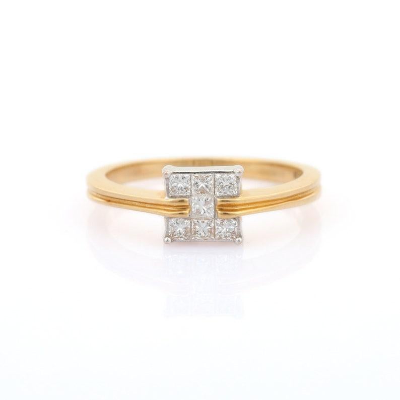 En vente :  Bague carrée en or jaune massif 18k avec diamant Cadeau pour elle 3