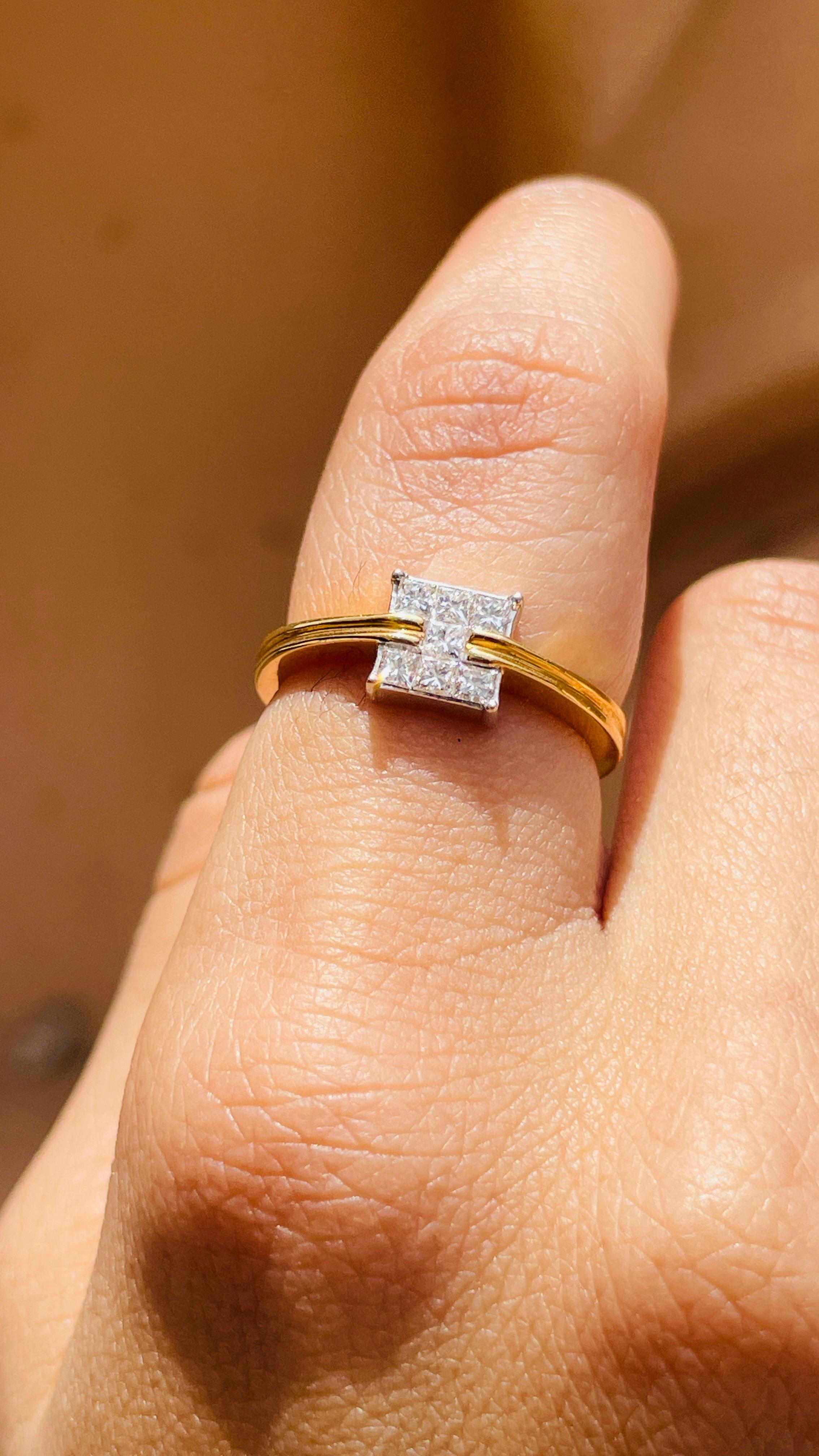 For Sale:  18k Solid Yellow Gold Square Diamond Ring Gift for Her 2