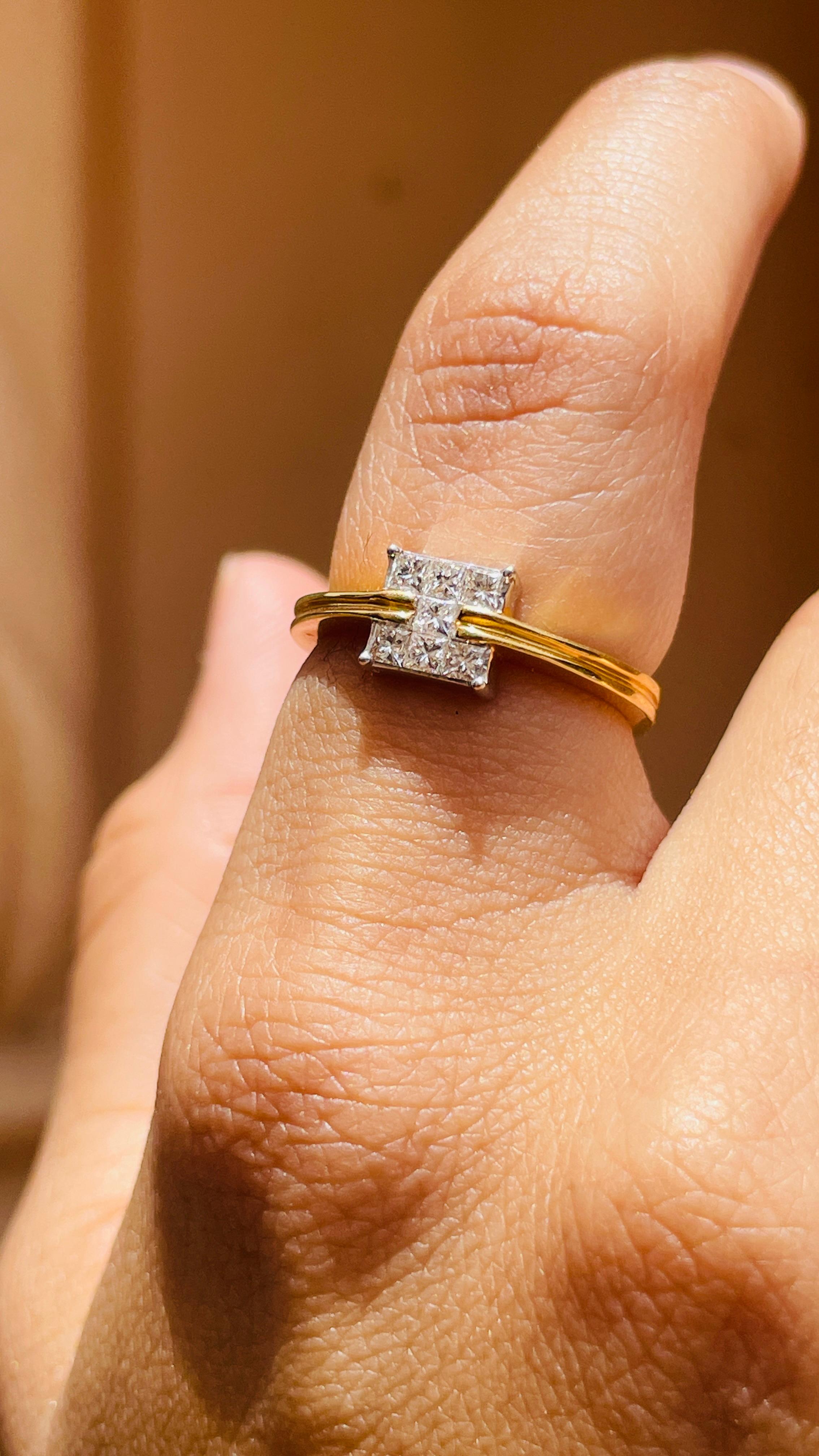 For Sale:  18k Solid Yellow Gold Square Diamond Ring Gift for Her 7