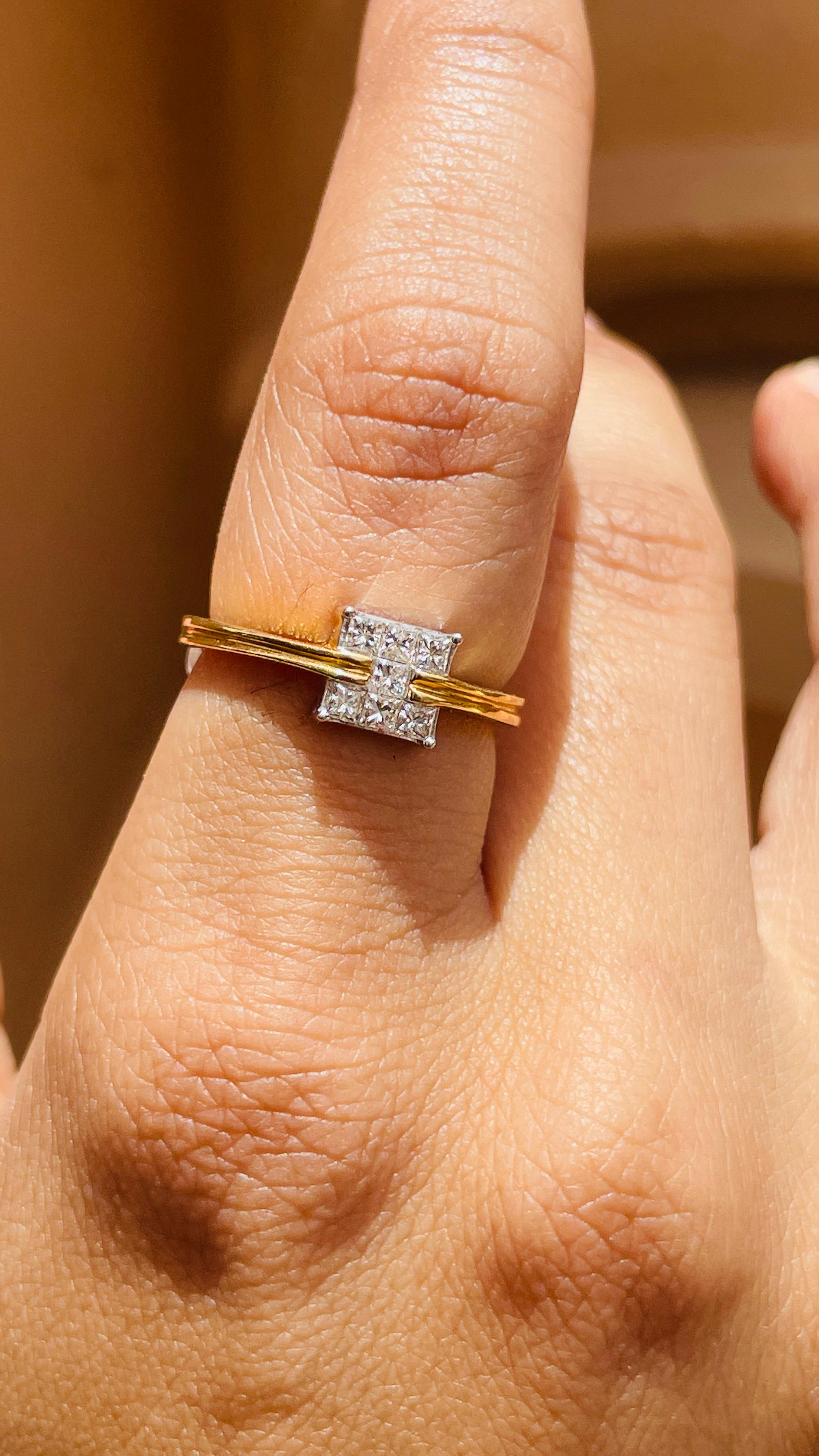 En vente :  Bague carrée en or jaune massif 18k avec diamant Cadeau pour elle 4