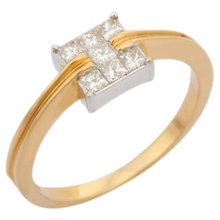 Anillo cuadrado de diamantes en oro amarillo macizo de 18k Regalo para ella