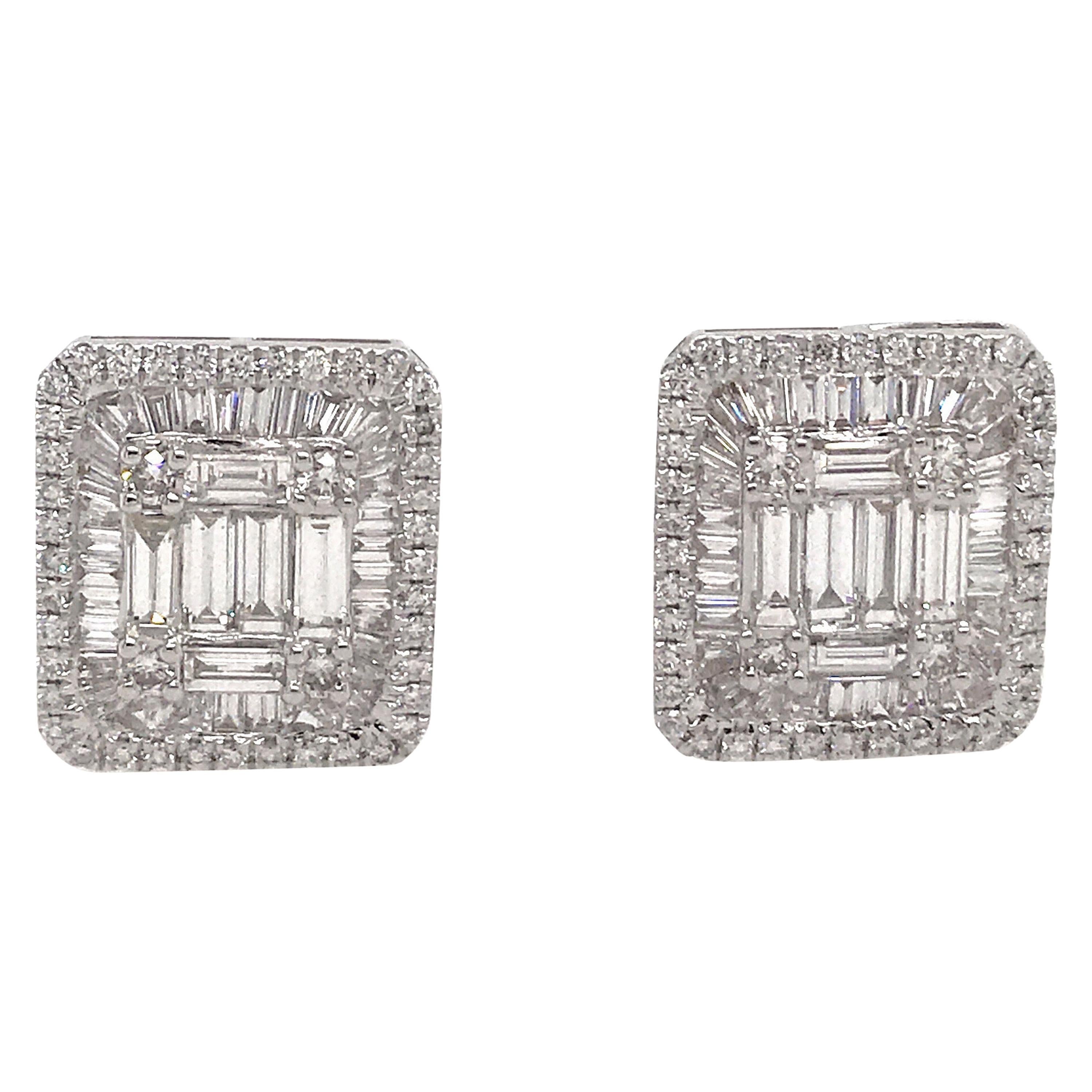 Diamond Square Stud Earrings 3.25 Carat 18 Karat White Gold