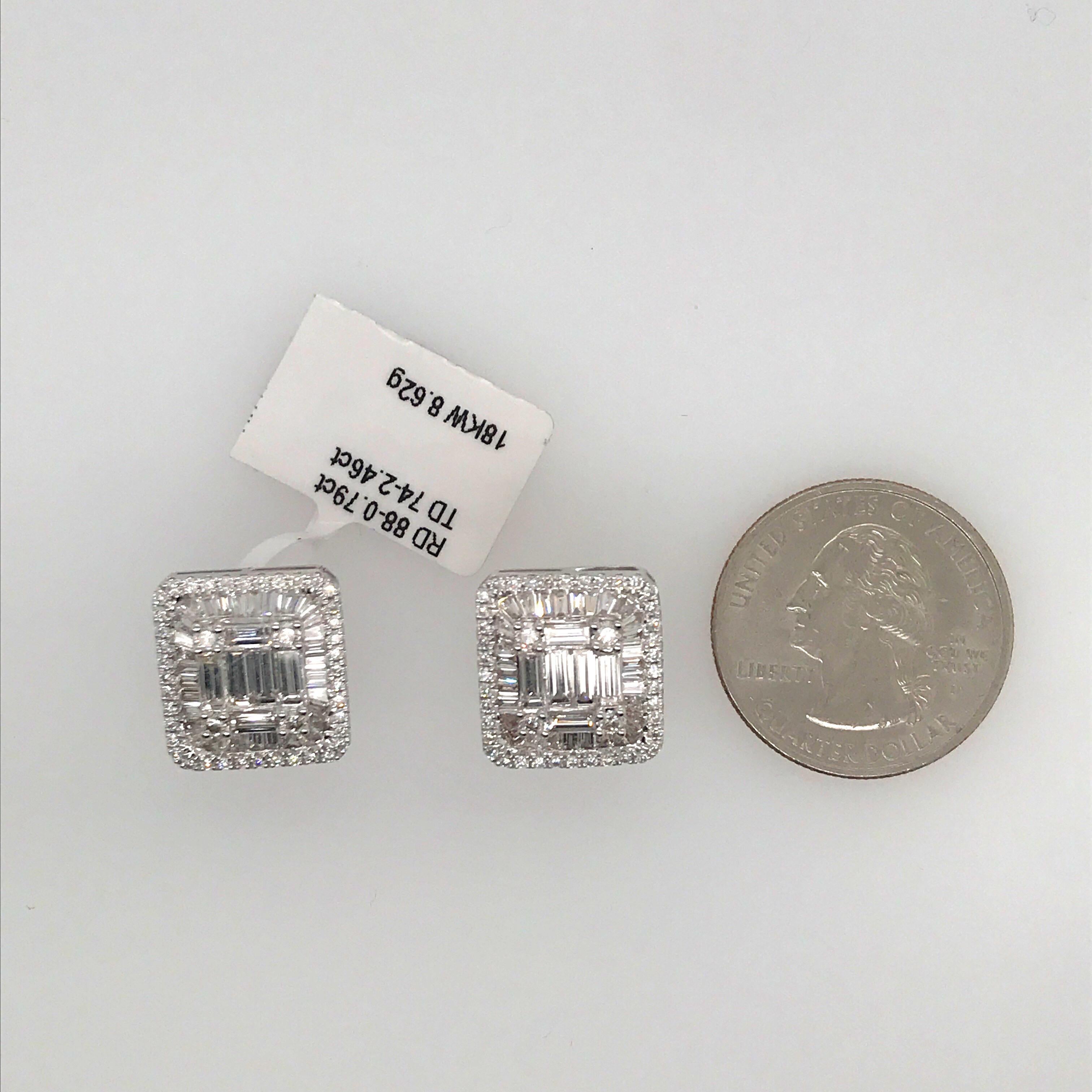 Diamond Square Stud Earrings 3.25 Carat 18 Karat White Gold 1