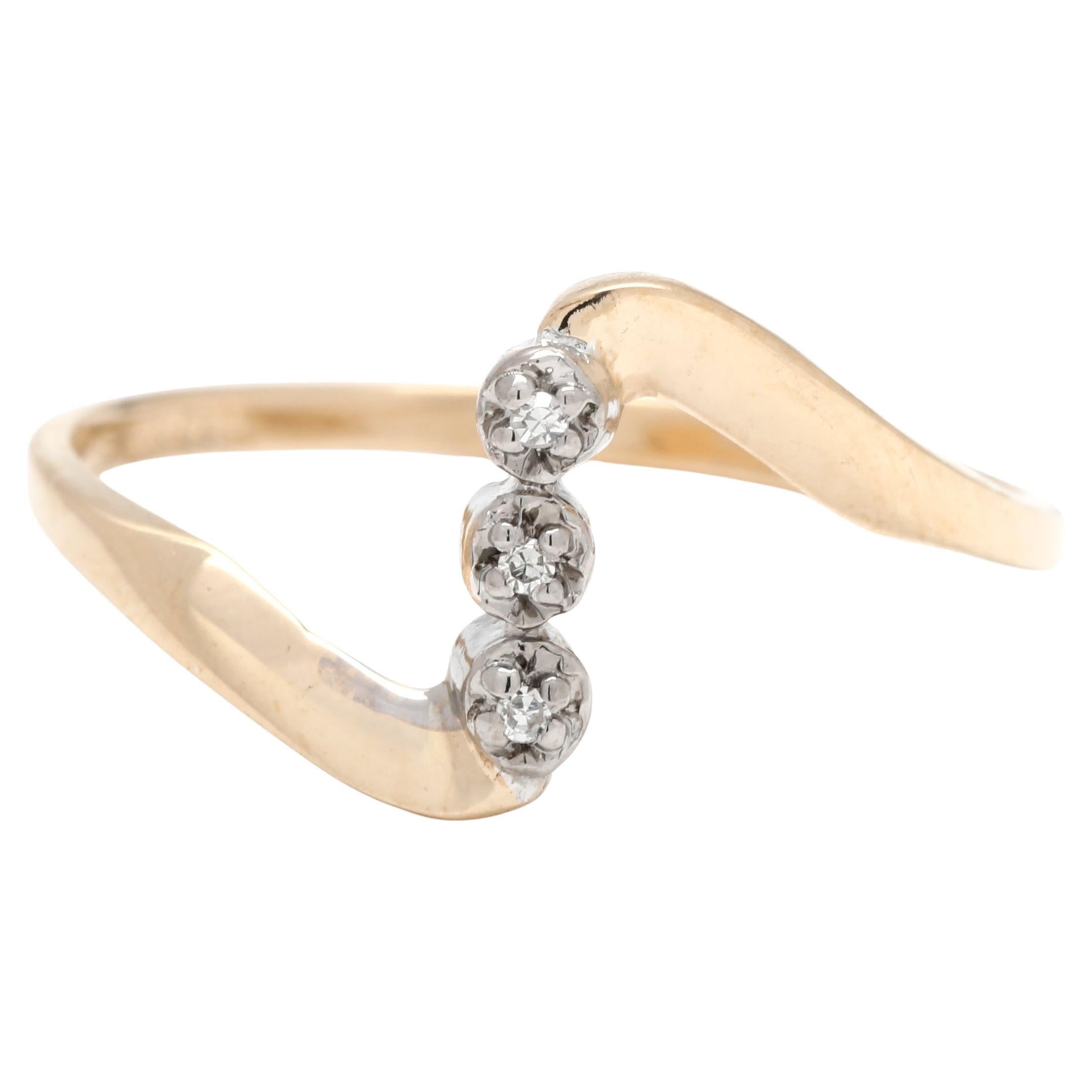 Diamond Squiggle Ring, 10k Yellow and White Gold, Ring Size 6.25, Dainty