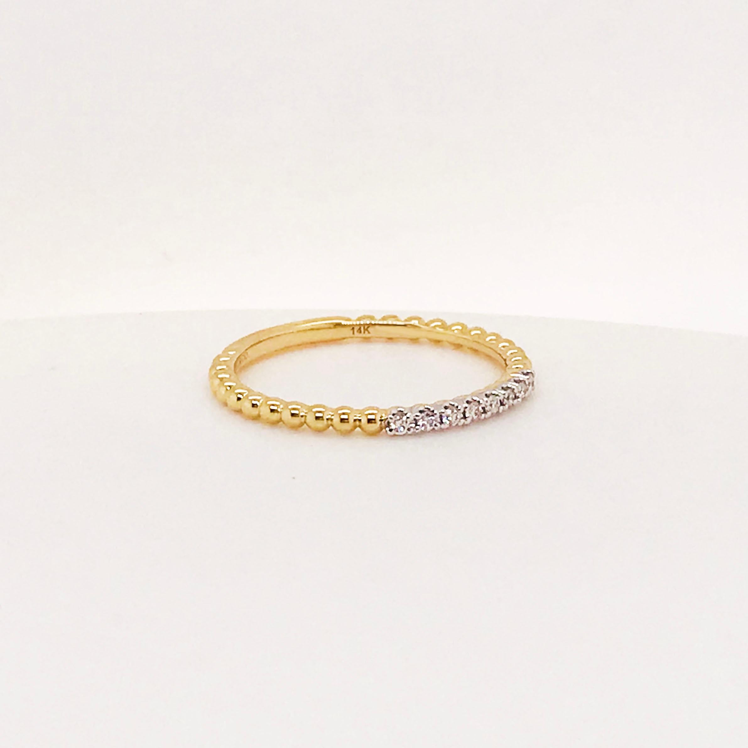 Artisan Diamond Stackable Ring, 14 Karat Yellow Gold Diamond Band with Beaded Texture