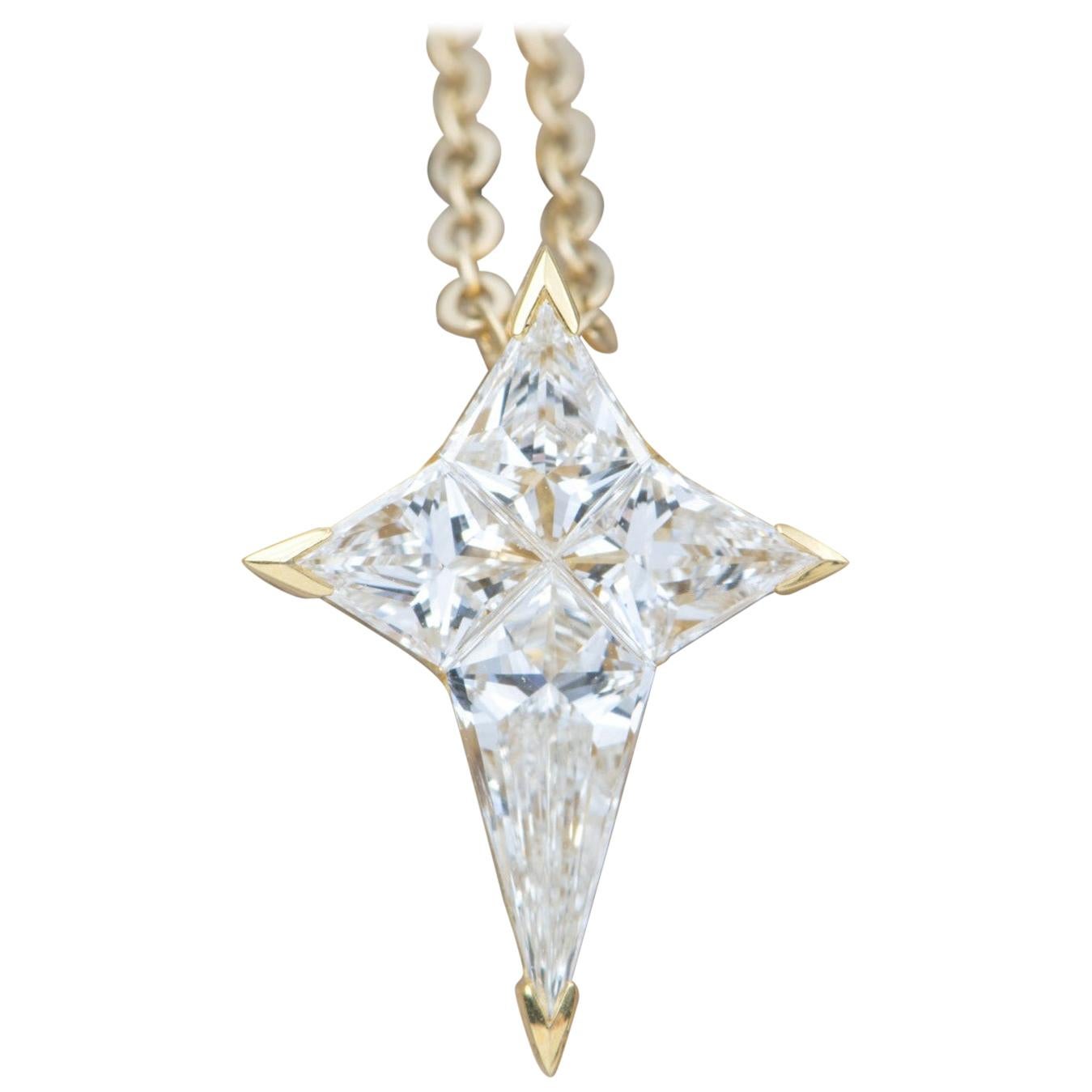Diamond Star 18k Yellow Gold Pendant Necklace Invisible Setting Unique AD1922v1